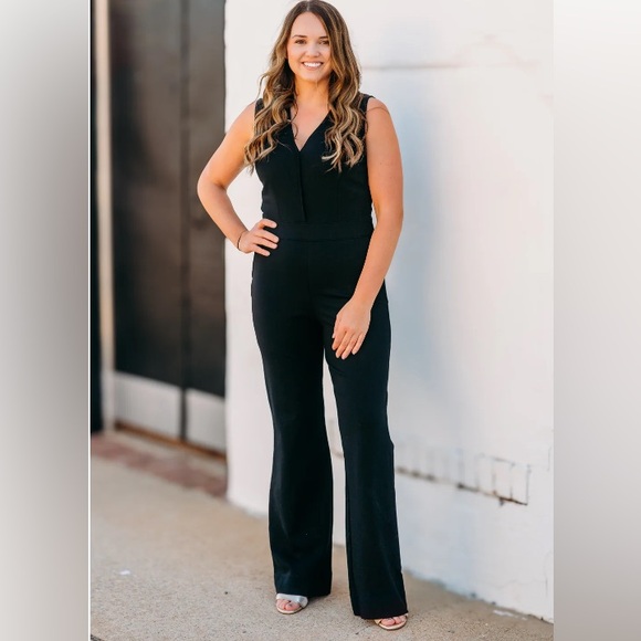Spanx Perfect Sleeveless Jumpsuit Black 1X Wide Leg Shaping V-Neck Career Chic - Picture 12 of 16